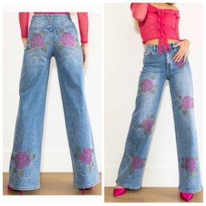VBRT Rose Floral Rhinestone Crystal Wide Leg Flare Denim Jeans High Waist Rodeo